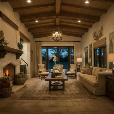Cozy living room with wooden ceiling beams, fireplace, and warm lighting.