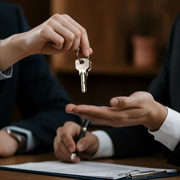 Handing over a set of keys during a formal agreement signing.