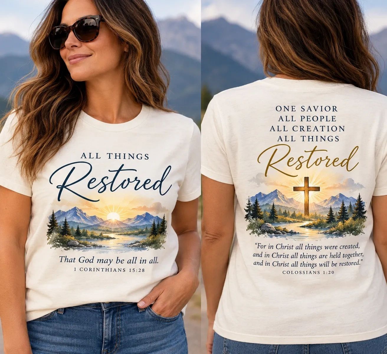 Inspirational Christian t-shirt with nature and cross design.