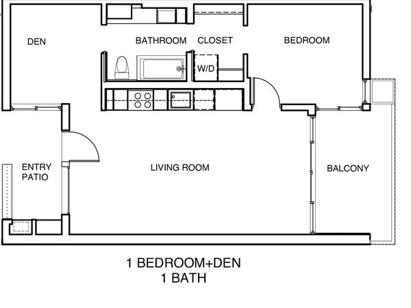 Floor plan of a 1-bedroom plus den apartment with bathroom, kitchen, living room, balcony, and entry patio.