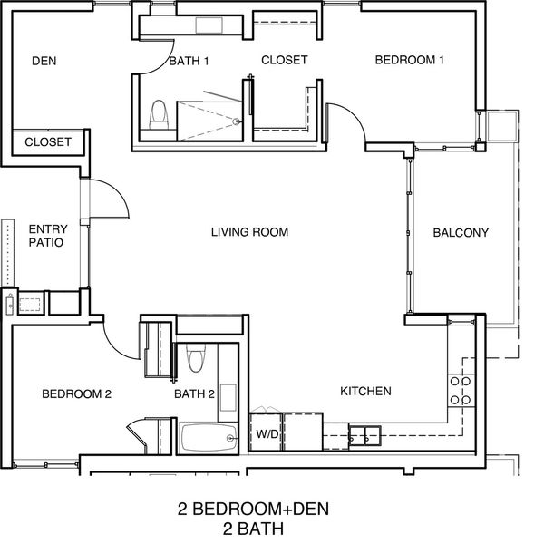Floor plan of a 2-bedroom, 2-bath apartment with a den and balcony.