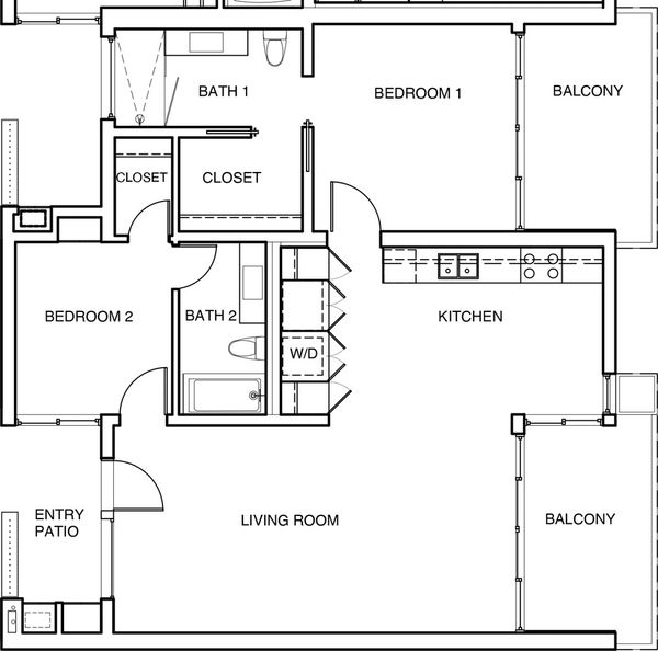 Floor plan of a two-bedroom apartment with two balconies and two bathrooms.