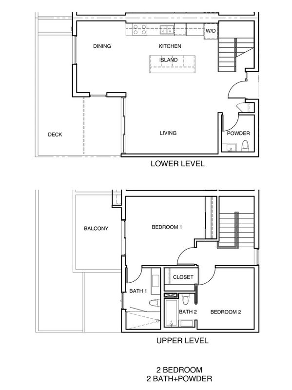 Two-level floor plan with 2 bedrooms, 2 bathrooms, powder room, kitchen, dining, living, deck, and balcony.