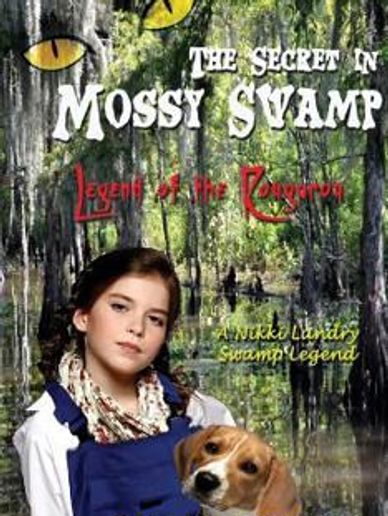 Book cover featuring a girl and her dog in a swamp with mysterious eyes above.