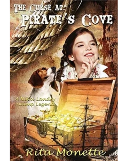 Book cover showing a girl and a dog with a glowing treasure chest and pirate elements.
