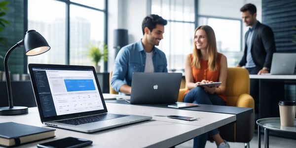 Young professionals collaborating in a modern office with laptops and coffee.