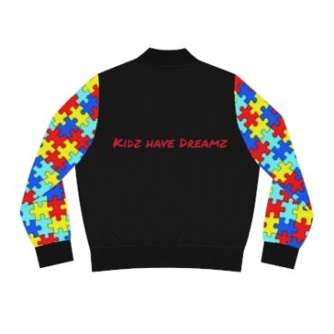 Black jacket with colorful puzzle sleeve design and red text.