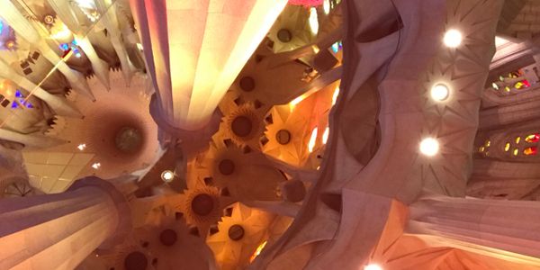 basking in the glow of the suns painting of the inside of La Sagrada Familia, in Barcelona, Spain