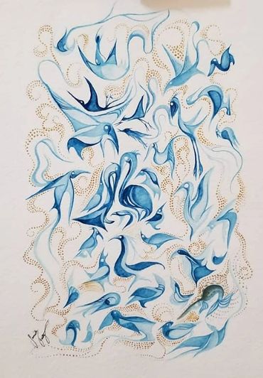 Abstract blue birds in various shapes and flight poses with gold dotted accents.