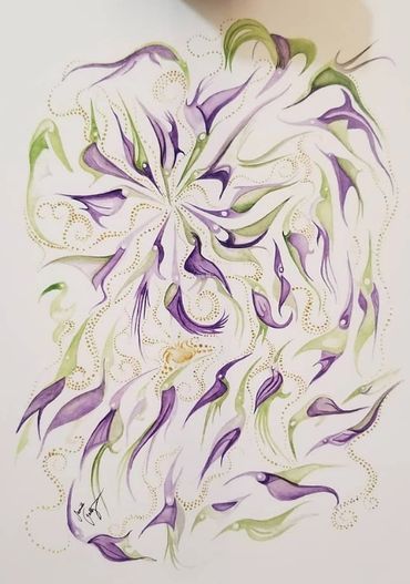 Abstract floral watercolor with swirling purple and green shapes accented by gold dots.
