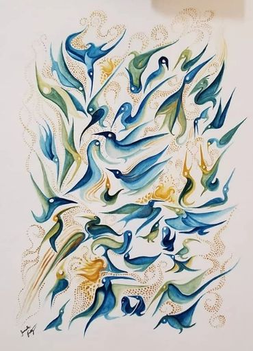 Abstract painting of blue and green birds with artistic golden accents.