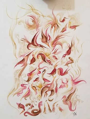 Abstract watercolor painting of various stylized birds in soft pink and brown tones.