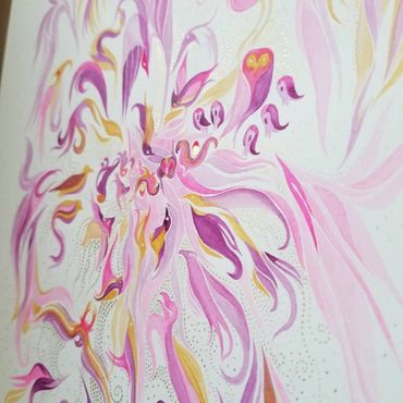 Abstract art with swirling pink, purple, and yellow patterns on a white background.