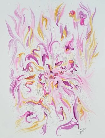 Abstract floral artwork with flowing pink, purple, and yellow brush strokes.