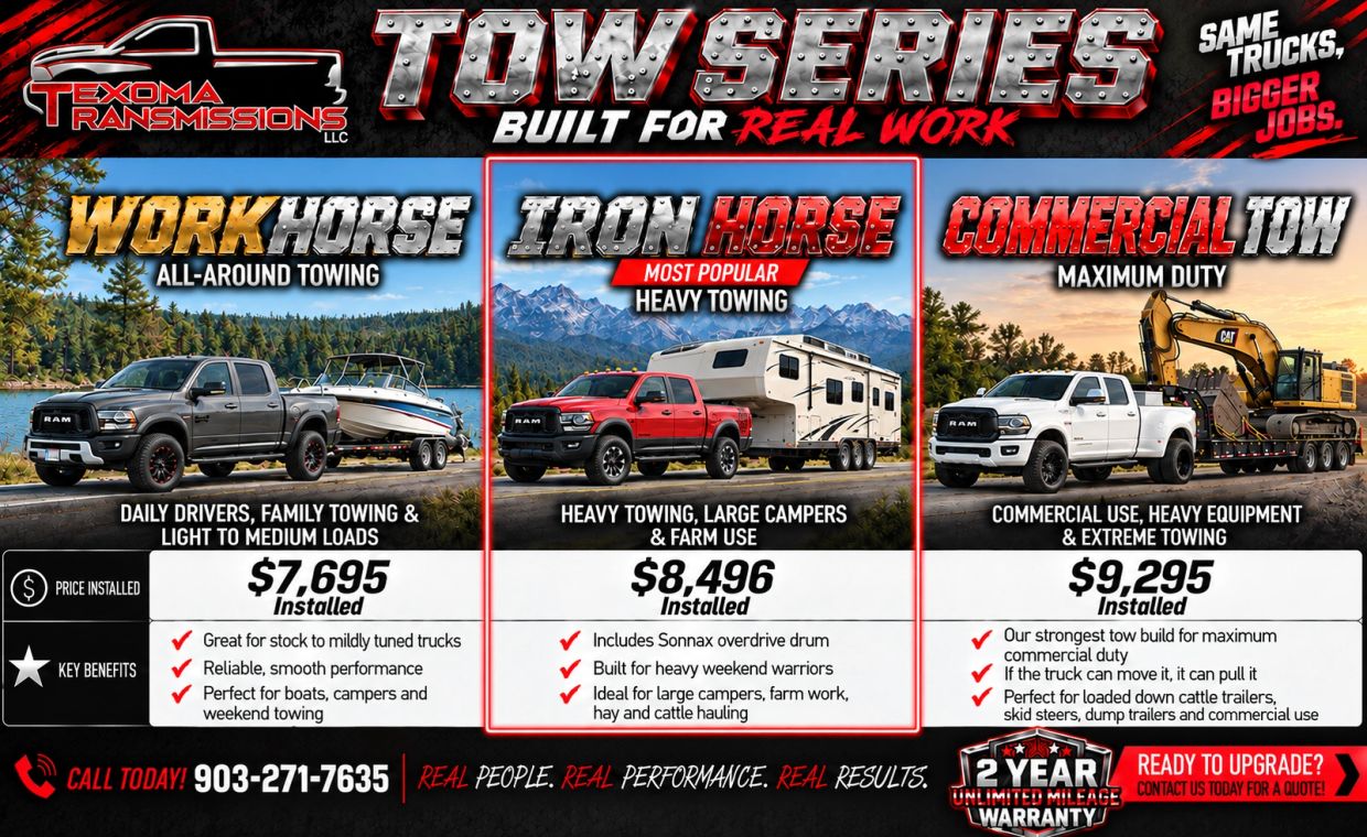 Advertisement for Texoma Transmissions towing services with three packages.