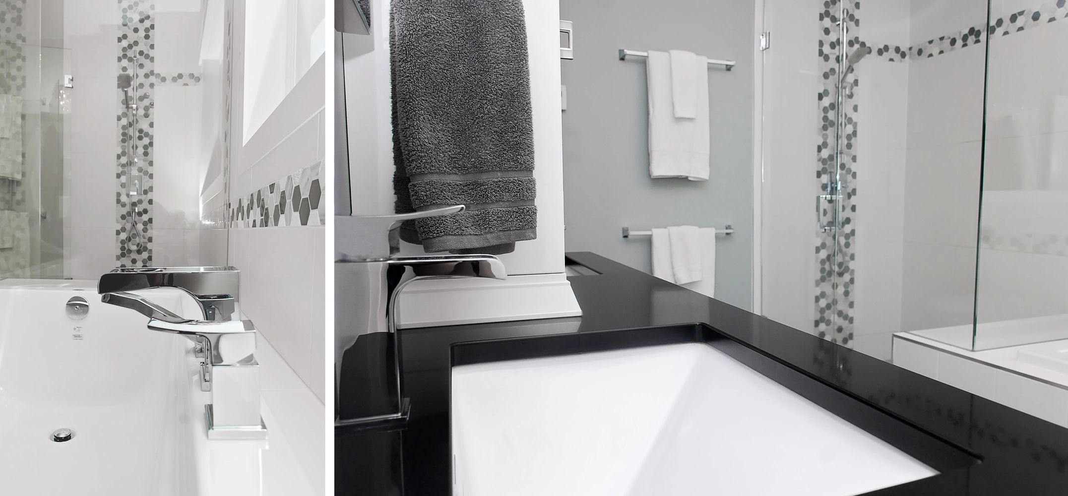 Custom en-suite bathroom, custom shower, drop in tub deck, under mount sink and faucet, shower trim
