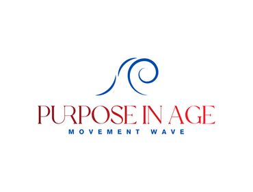Logo with a blue wave and red text saying Purpose In Age, Movement Wave.