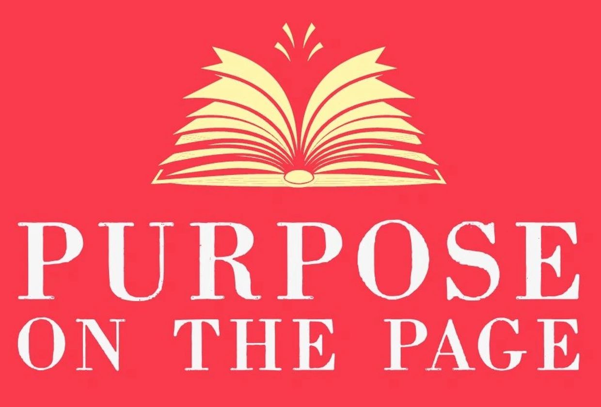 An open book illustration with the text 'Purpose on the Page' on a red background.