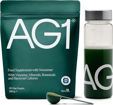 AG1 food supplement with vitamins, minerals, and botanicals in powder and drink form.
