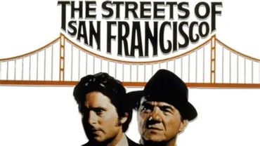 Poster of The Streets of San Francisco TV show with two detectives and Golden Gate Bridge.