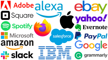 Collection of popular technology company logos including Apple, Google, Amazon, Microsoft, and more.