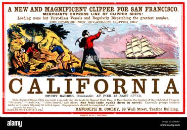 Vintage advertisement for the California clipper ship sailing to San Francisco.