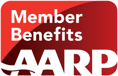 AARP member benefits logo in red and white colors.