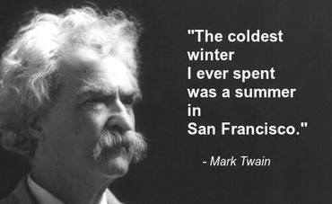 Black and white image of Mark Twain with a famous quote about San Francisco's summer chill.