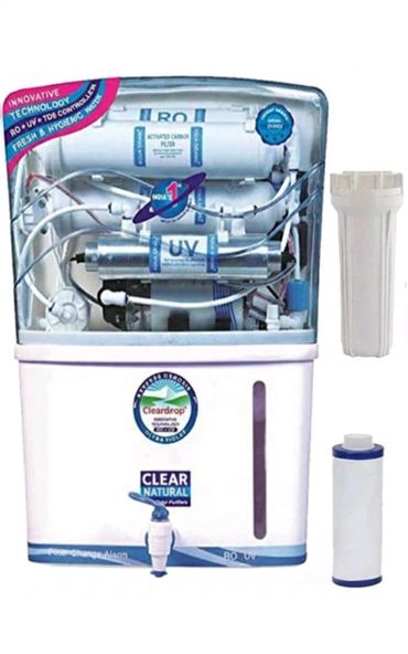 A water purifier with RO, UV technology and filtration components.