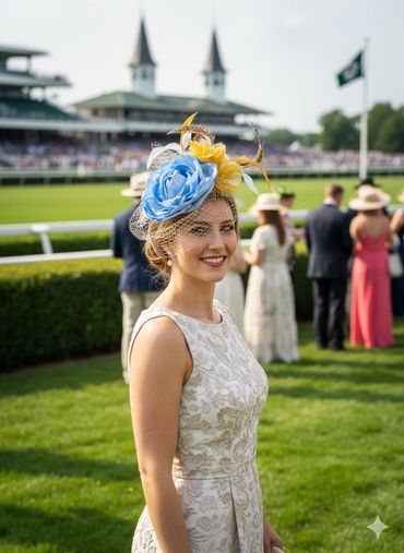 Woman wearing an elegant floral hat and dress at a horse racing event.