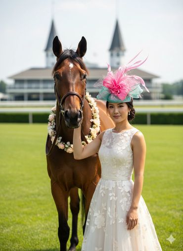 Woman in a floral dress and colorful hat with a decorated horse at a racecourse.
