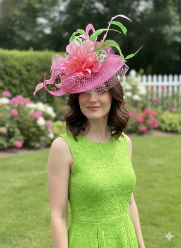 Woman in a vibrant green dress wearing an elaborate pink floral hat outdoors.