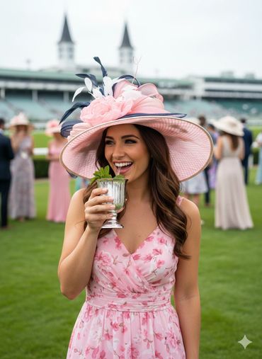 Woman in a floral pink dress and decorative hat enjoying a drink at a racecourse event.