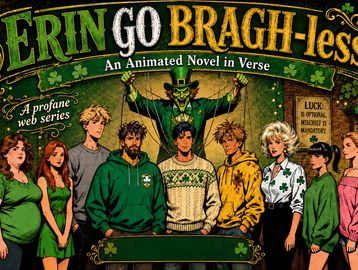 Promotional poster for an animated novel in verse titled ERIN go BRAGH-less with several characters.