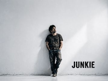 Man leaning against wall with the word 'JUNKIE'.