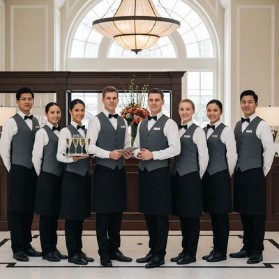 A group of eight professional waitstaff in uniform posing indoors.