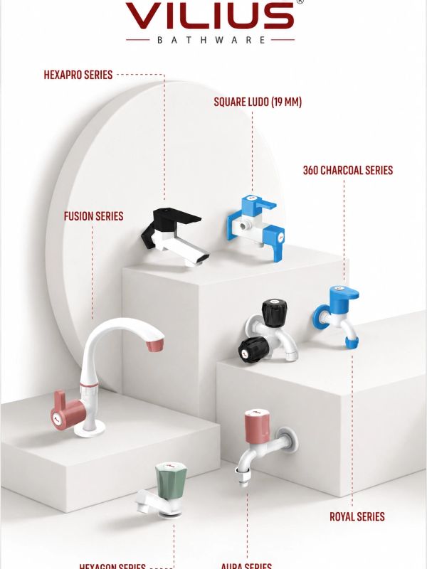 Various Vilius Bathware faucet models displayed on platforms.