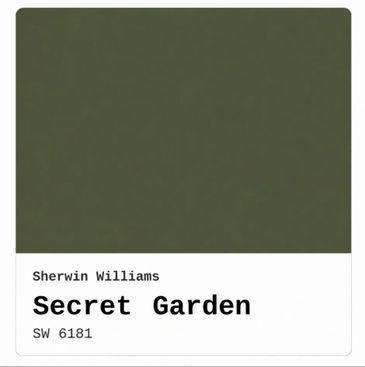 Sherwin Williams paint color sample named Secret Garden SW 6181, a deep green shade.