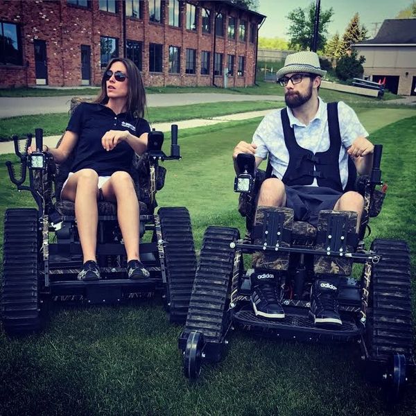 A client and his therapist trying Track Chairs at Mt. Brighton.