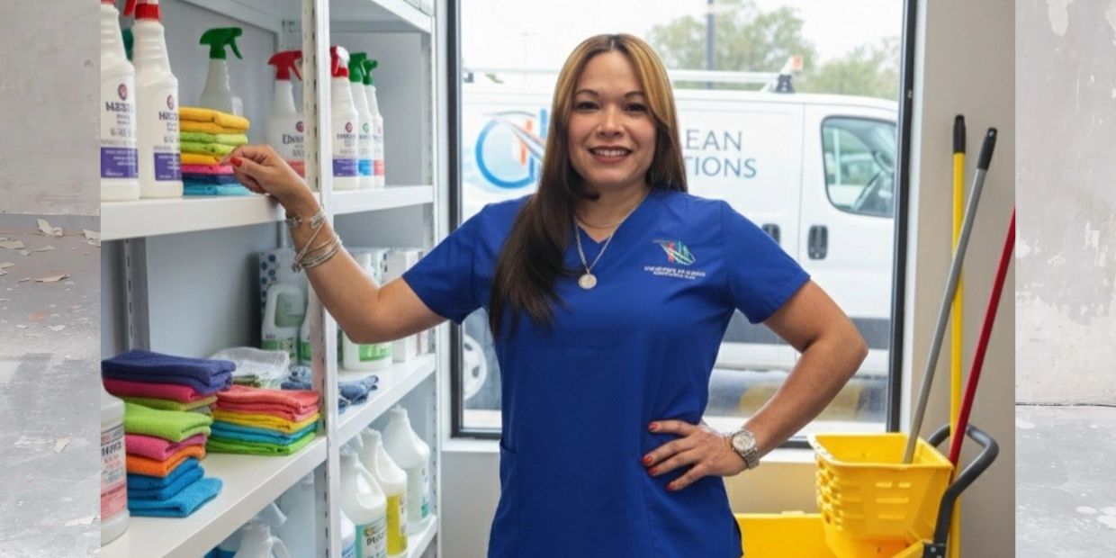 Woman in blue uniform stands in cleaning supply room, smiling.