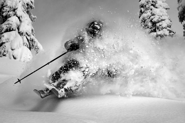 Skier Nat Segal skiing pow after a few months of lower back rehab and strength & conditioning