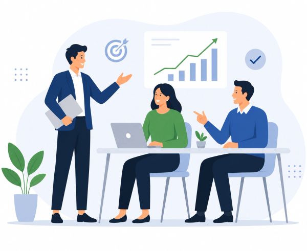 Business meeting with people discussing growth.