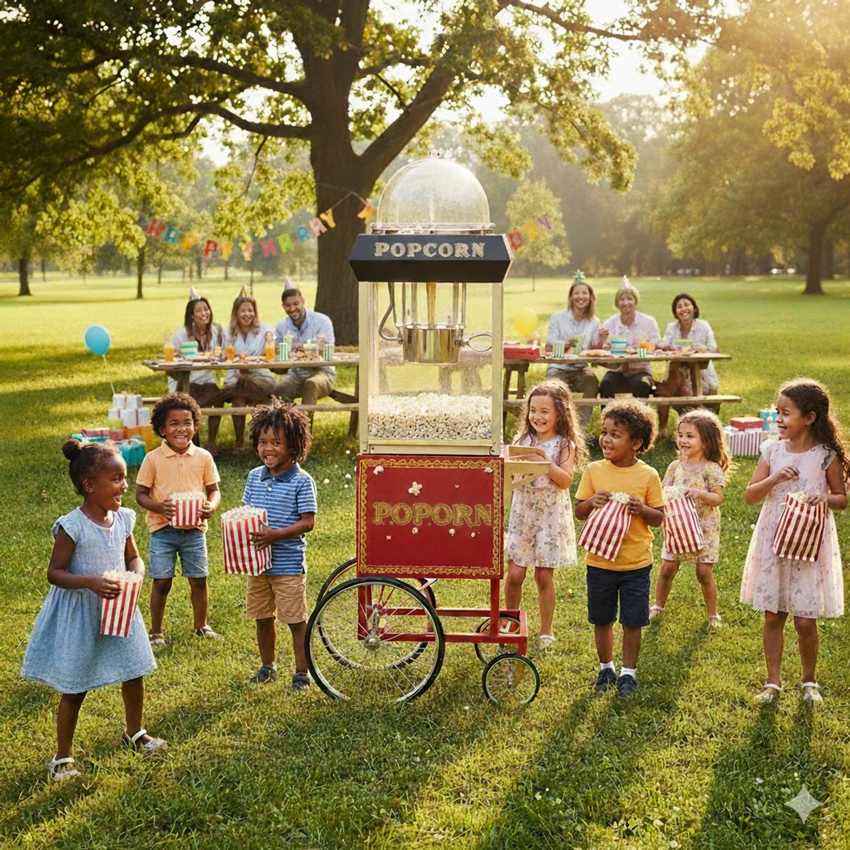 Children enjoying popcorn at an outdoor birthday party in a park.