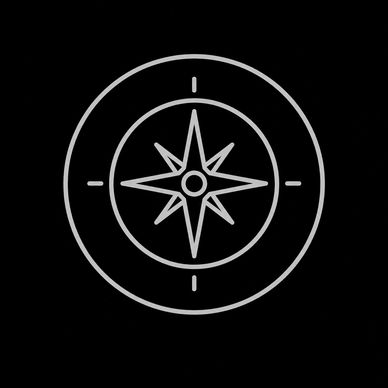 A minimalist compass rose icon in gray on a black background.