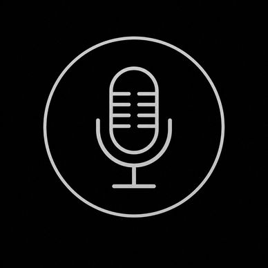 Minimalist microphone icon in a circle on black background.