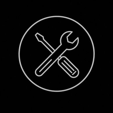Icon of a wrench and screwdriver crossed inside a circle on black background.