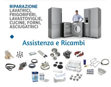 Advertisement for appliance repair and spare parts service in Italian.