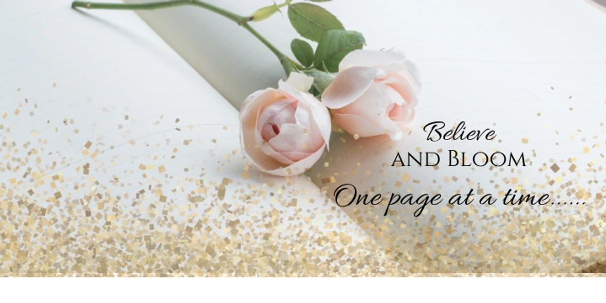 Soft pink roses rest on an open book with an inspiring quote about growth.