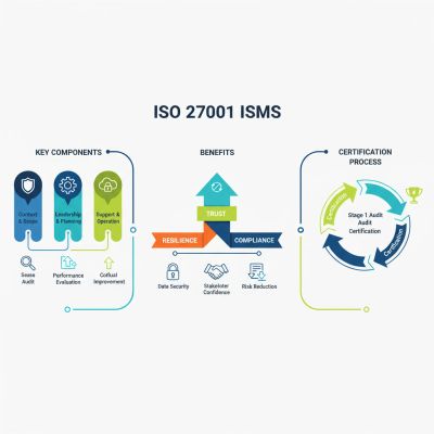 Diagram of ISO 27001 ISMS showing key components, benefits, and certification process.