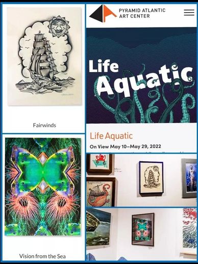 Life Aquatic Art Show at Pyramid Atlantic May 2022. Pieces include art from Shawn and Michelle of Wh